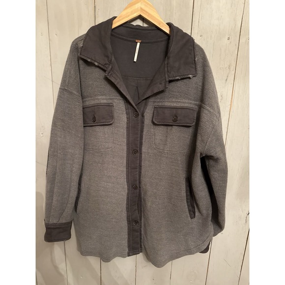 Free People Ruby Jacket M Shirt Shacket Grey Distressed Oversized Button Up - Picture 4 of 10